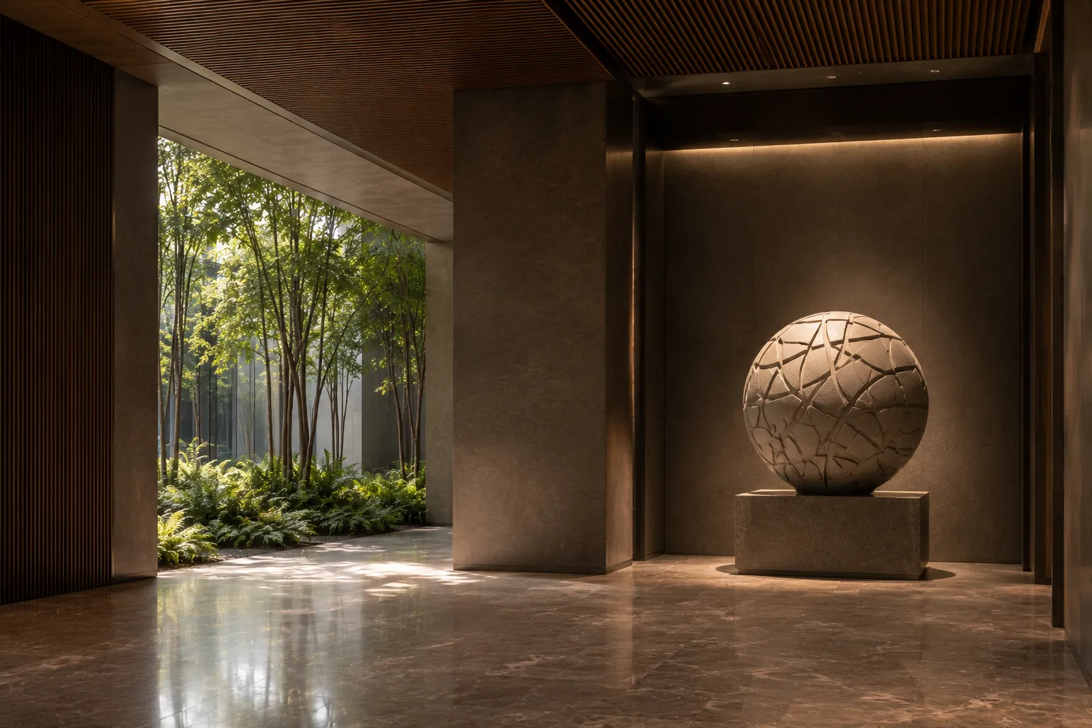 A quiet interior courtyard with a sculpted globe