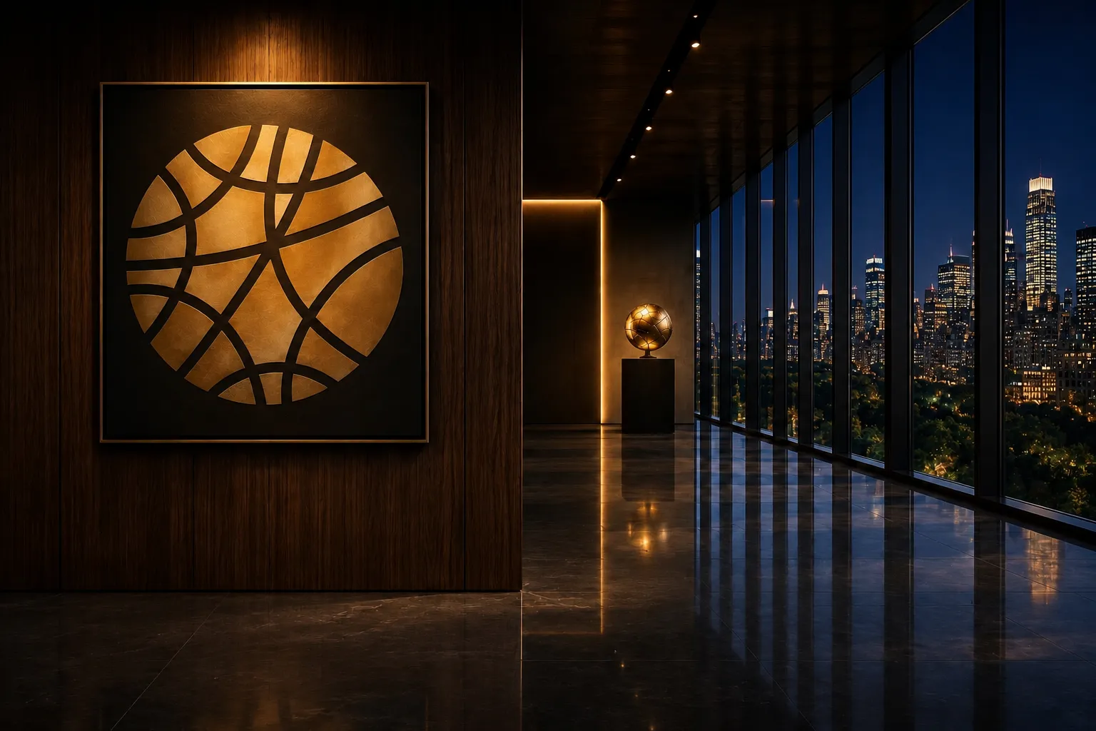 The CERNO emblem lit on a dark wall beside city windows at night