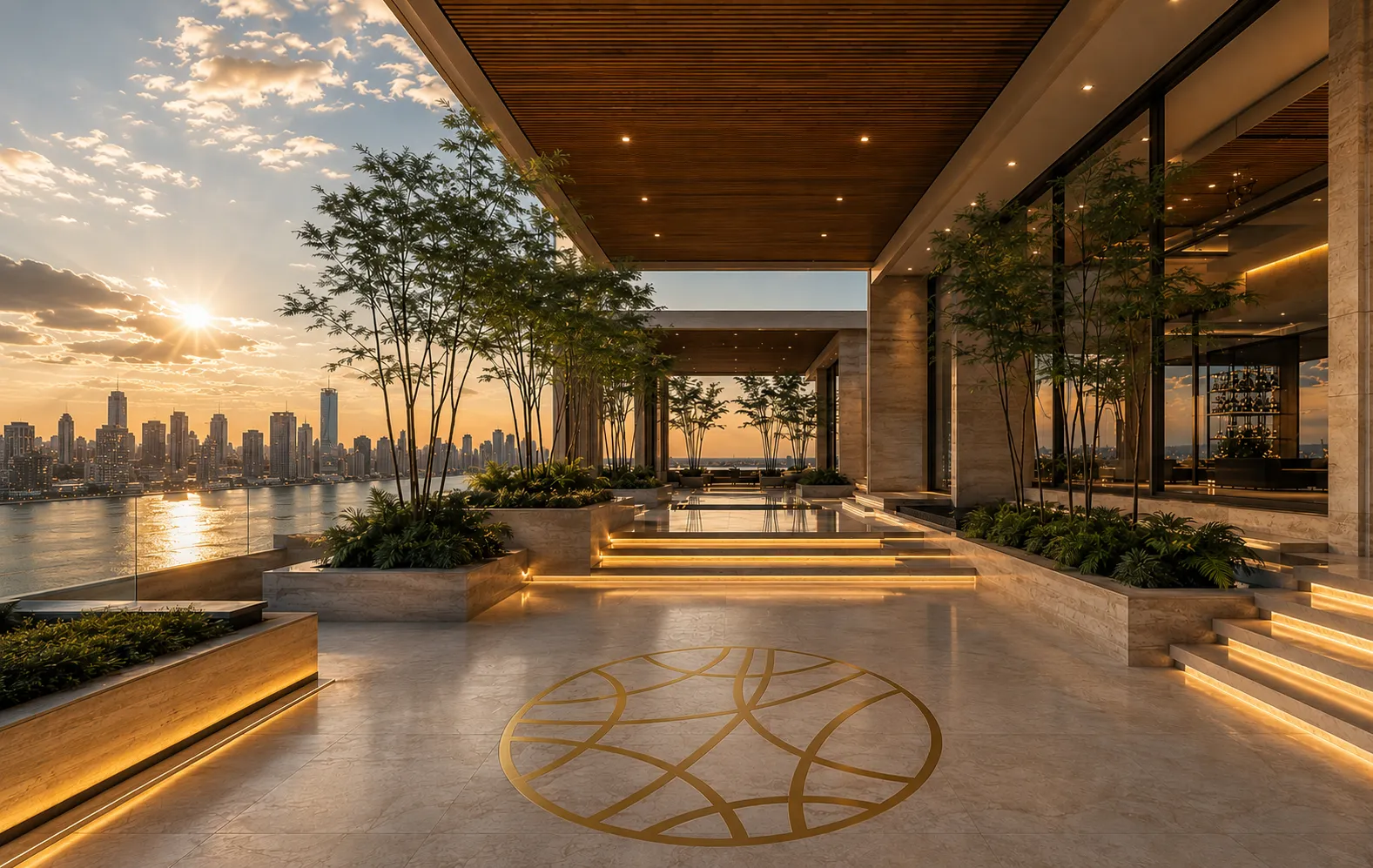 A terrace overlooking the water at golden hour