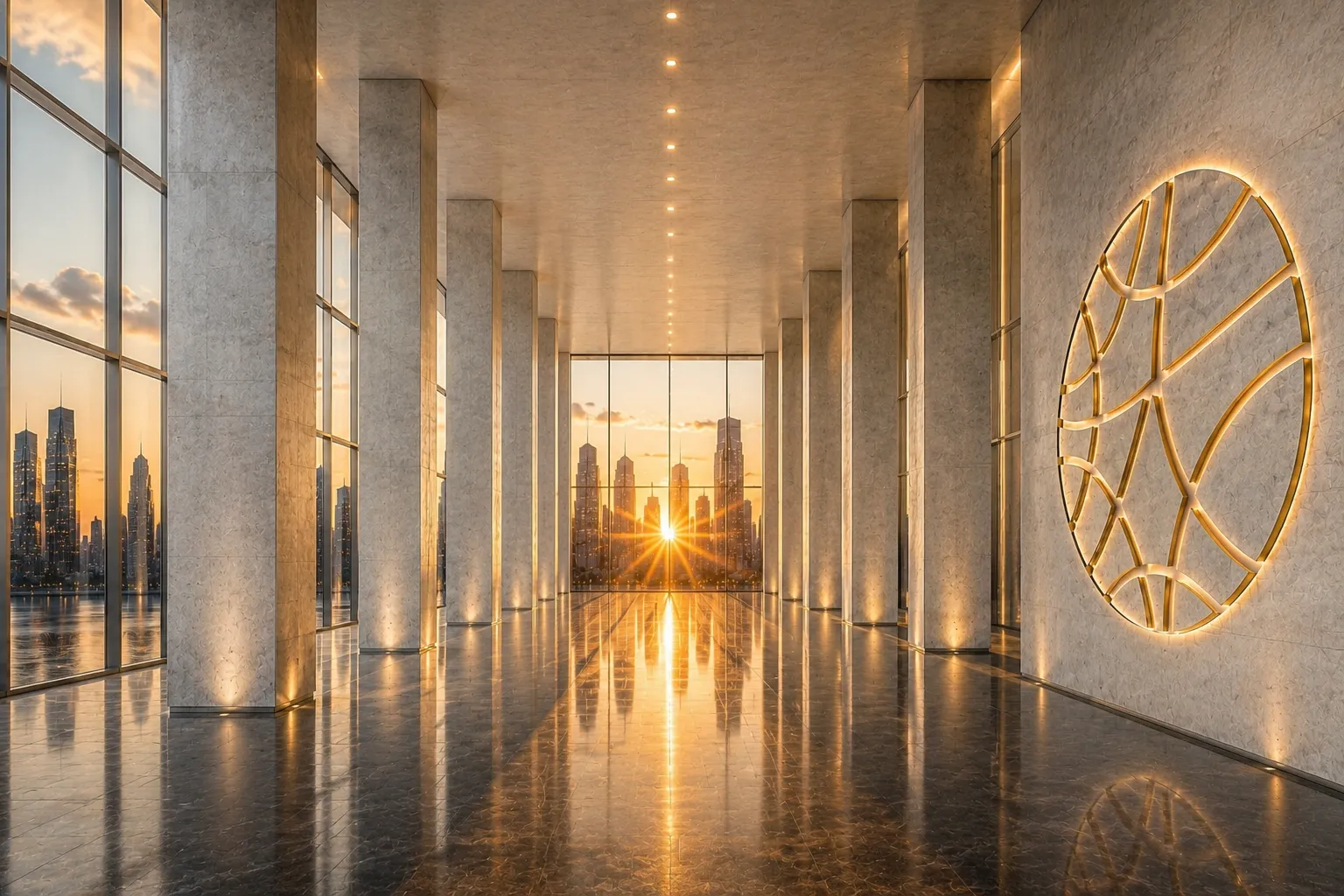 A stone corridor opening onto a city skyline at sunrise