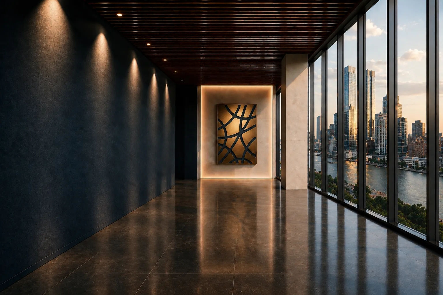 A gallery wall with the CERNO emblem above a river view