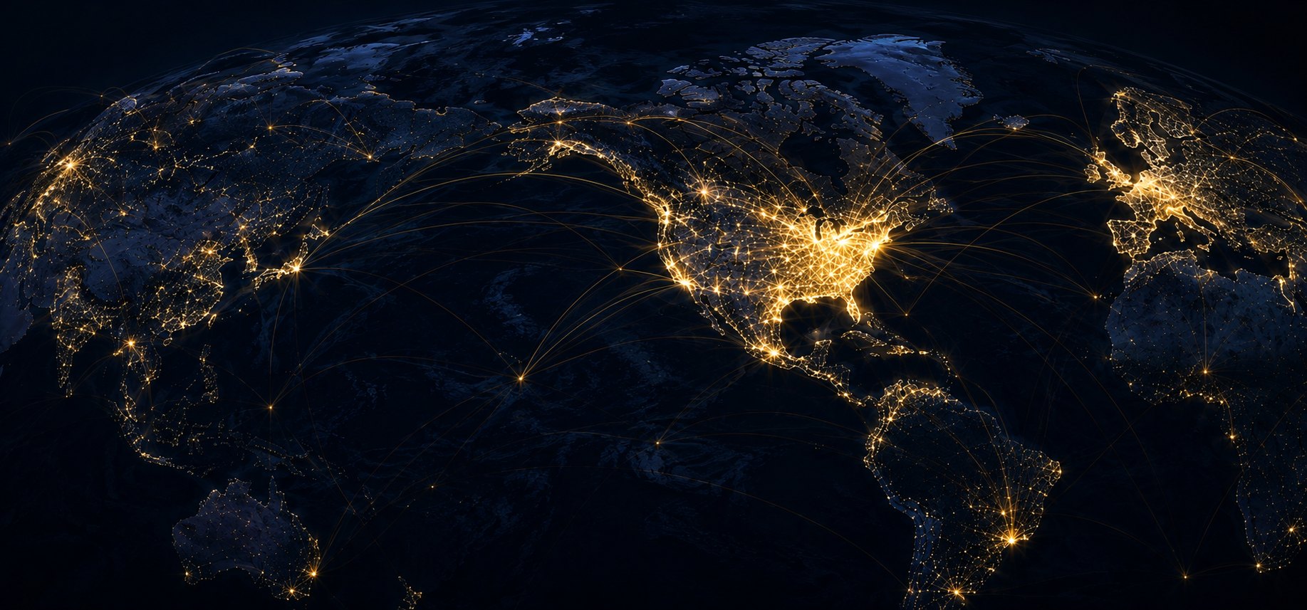 The Earth at night with city lights and arcs of gold connections across the continents