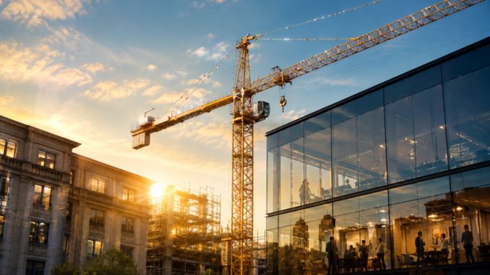 A tower crane above a building under construction at dusk